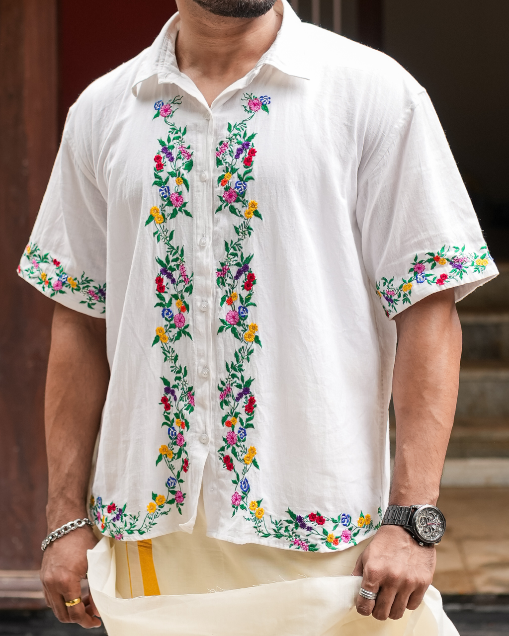 Poovonam ’26 Embroidered Linen Shirt & Double Mundu
