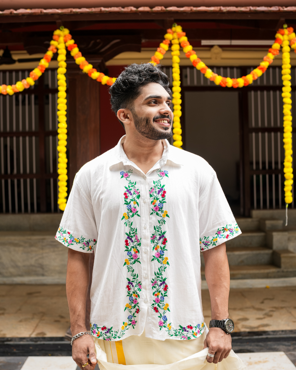 Poovonam ’26 Embroidered Linen Shirt & Double Mundu
