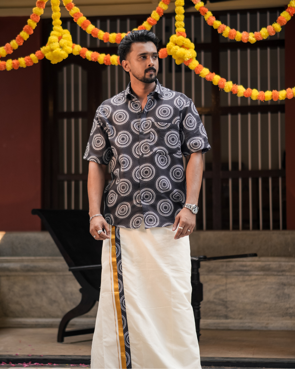 Poovonam ’26 Printed Shirt & Double Mundu