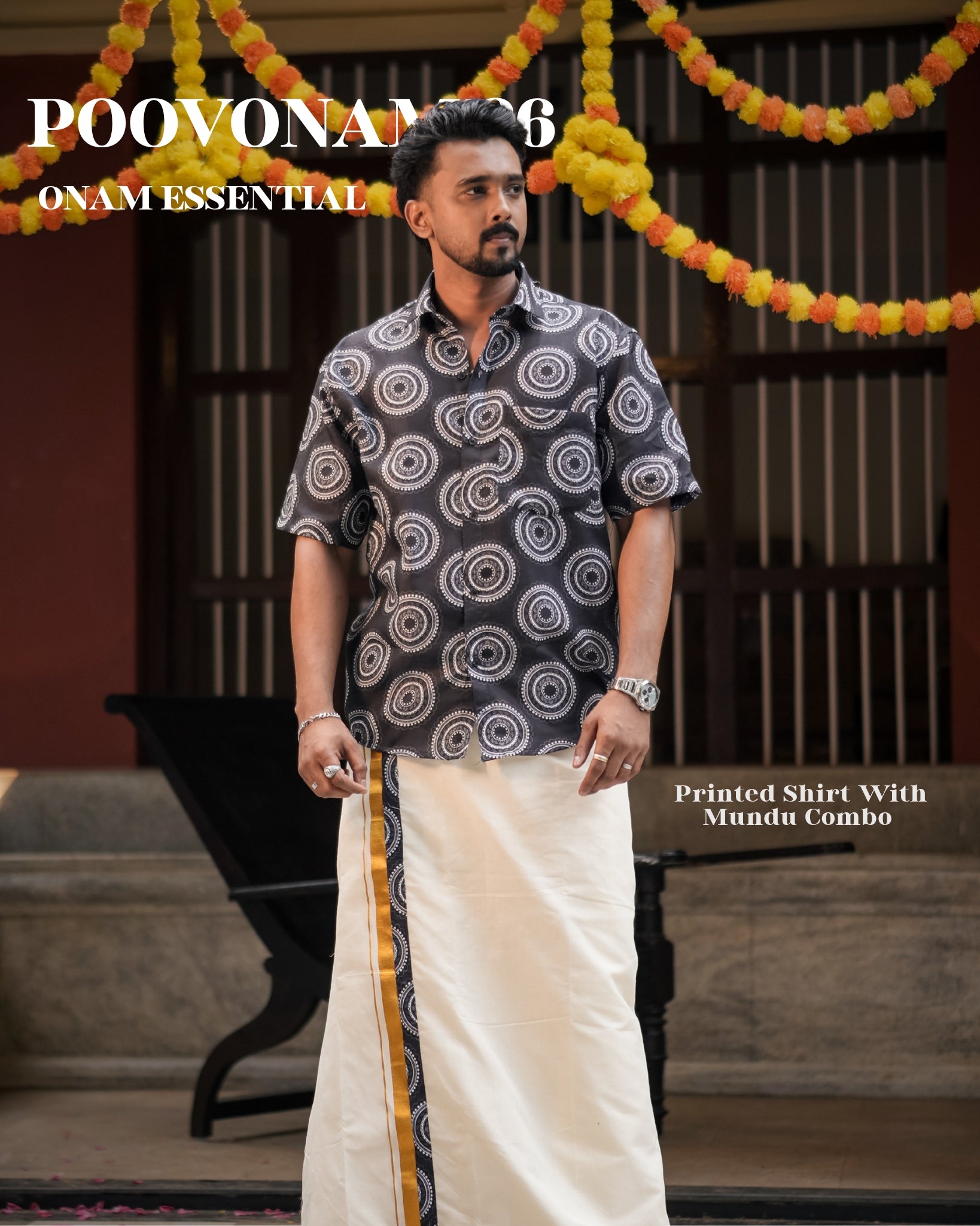 Poovonam ’26 Printed Shirt & Double Mundu