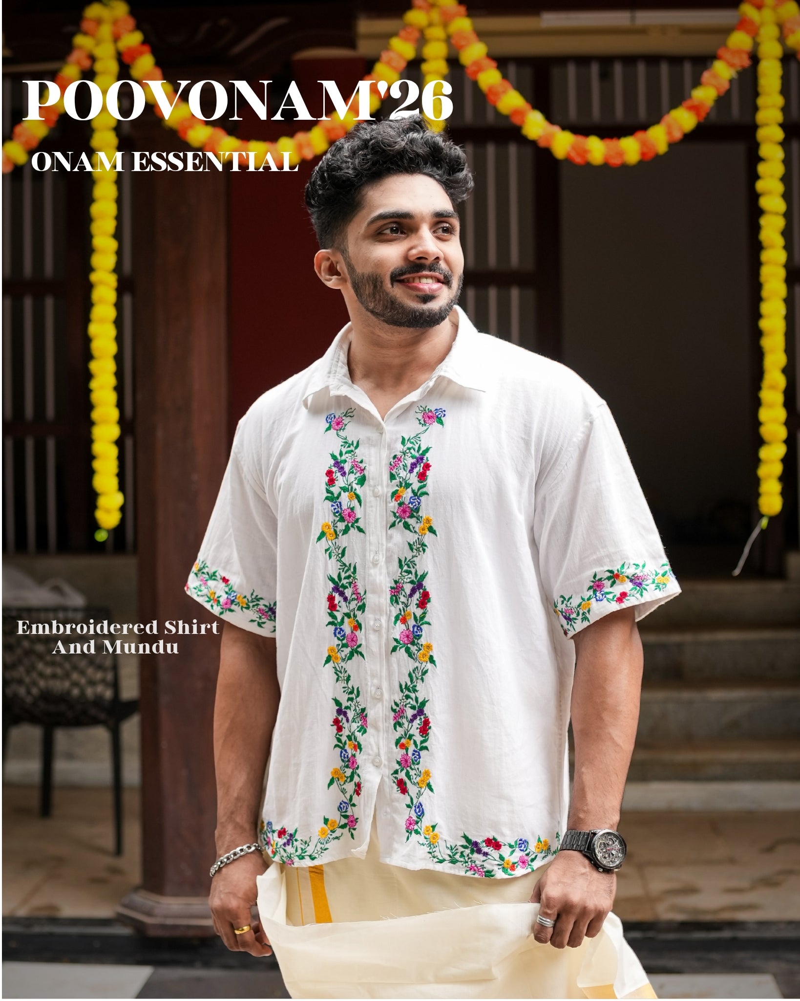 Poovonam ’26 Embroidered Linen Shirt & Double Mundu